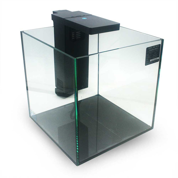 Level One Pets 3 Gallon Mini Aquarium Kit - Cube Glass Tank with Built-In Submersible Filter & Tap-Control LED Light